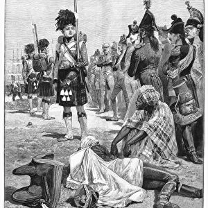 ABOUKIR: PRISONERS, 1801. British soldiers of the 42nd Higlander Regiment guarding French prisoners after the second battle of Aboukir, Egypt, March 1801. Line engraving, English after R Caton Woodville, 1894