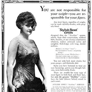 AD: CORSET, 1919. American advertisement for Stylish Stout Corset Sveltline System