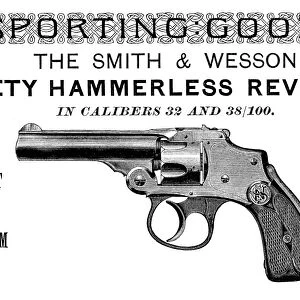 AD: REVOLVER, 1889. American magazine advertisement for the Smith & Wesson hammerless revolver