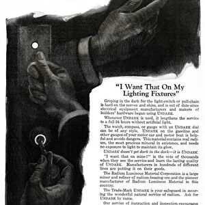 AD: UNDARK, 1920. American advertisement for Undark Radium Luminous Material. Illustration