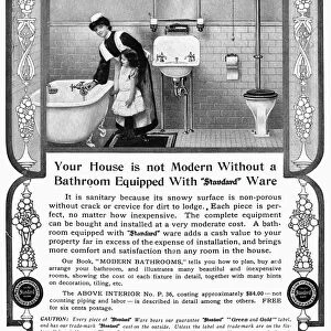 ADS: BATHROOM, 1905. Advertisement for Standard porcelain enameled baths and one-piece lavatories. Line engraving, English, 1905