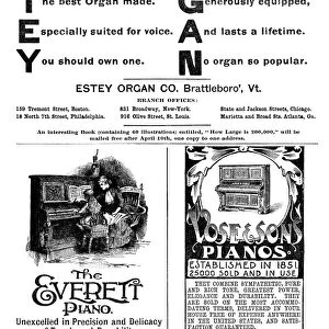 ADS: PIANOS & ORGANS, 1890. American magazine advertisements for pianos and organs