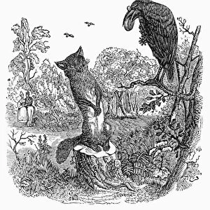 AESOP: FOX AND RAVEN. Wood engraving, mid-19th century, for Aesops fable The Fox and the Raven