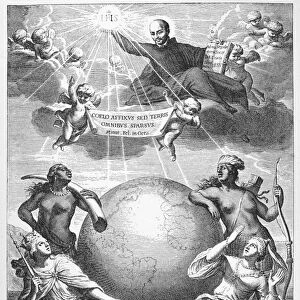 ALLEGORY: JESUIT ORDER. Engraving after a Renaissance allegorical painting depicting the life and influence of Saint Ignatius Loyola, founder of the Jesuits, 1650