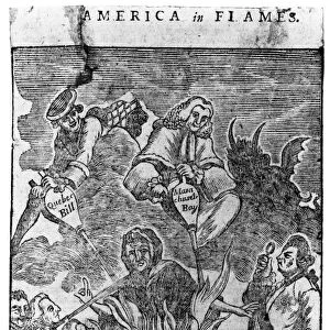 America in Flames. Intolerable Acts fan the flames already burning in Britains American colonies. Patriots work to put out the fire as King George III observes at right. Contemporary English cartoon