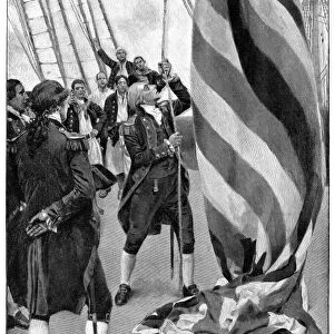 American (Scottish-born) naval commander. Jones raising the rattlesnake flag on the Continental Navy ship Alfred, 3 December 1775. Wood engraving, American, 1895, after Howard Pyle