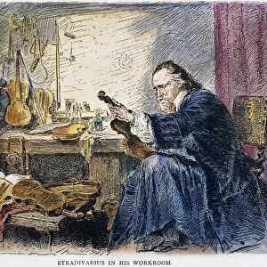 ANTONIO STRADIVARI (1644-1737). Italian violin maker in his workshop in Cremona, Italy