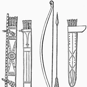 ASSYRIAN BOW AND ARROW. Ancient Assyrian bow, arrow and quivers. Line engraving