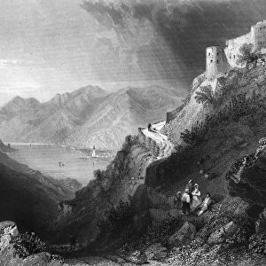AUSTRIA: HINTERHAUS. A view of the ruins of Hinterhaus Castle, dating from the 12th-13th century, overlooking the Danube River near Spitz, Austria. Steel engraving, English, 1844, after William Henry Bartlett