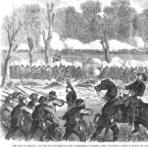 BATTLE OF CHICKAMAUGA 1863. Confederate General John Bell Hood wounded in the right leg at the Battle of Chickamauga, 20 September 1863: wood engraving from a contemporary newspaper