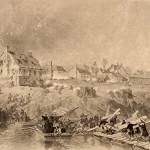 BATTLE OF FREDERICKSBURG. Union Army troops building pontoon bridges on the Rappahannock River during the Civil War Battle of Fredericksburg, Virginia, 13 December 1862. Drawing by Alonze Chappel, 1862