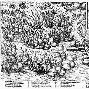 BATTLE OF GIBRALTAR, 1607. The naval battle of Gibraltar, 25 April 1607, in which a Dutch fleet destroyed a Spanish fleet anchored at the Bay of Gibraltar. Contemporary German line engraving