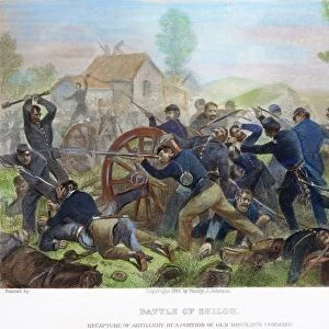BATTLE OF SHILOH, 1862. Recapture of artillery by Union forces during the Battle of Shiloh, Tennessee, 6-7 April 1862: steel engraving, American, 1886