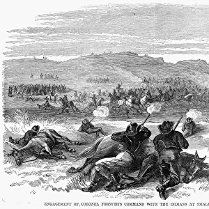 BEECHER ISLAND, 1868. The attack of fifty U. S. troops by several hundred Cheyenne, Sioux, and Arapaho warriors at the Battle of Beecher Island, in the dry bed of the Arikaree River in the Colorado Territory, 17 September 1868. Contemporary American wood engraving