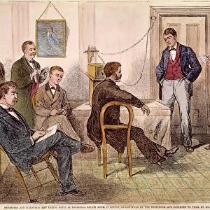 BELL: TELEPHONE DEMO, 1877. Auditors at the Boston end of the Salem-Boston Massachusetts demonstration 15 March, 1877: wood engraving from a contemporary American newspaper