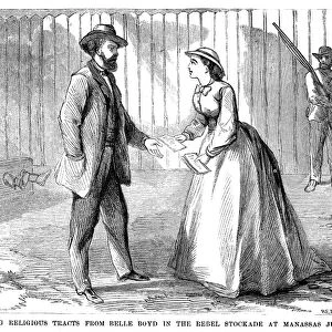 BELLE BOYD (1843-1900). American Confederate spy. Boyd visiting a Confederate stockade at Manassas Junction, Virginia, during the American Civil War. Wood engraving, 1868
