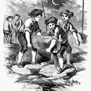 BENJAMIN FRANKLIN (1706-1790). The Rogues Wharf. Benjamin Franklin as a boy, building a stone wharf with friends, c1716. American engraving, c1864