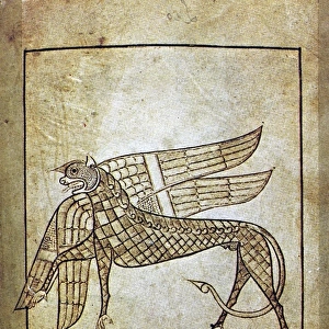 BOOK OF DURROW, c680 A. D. Griffin. Illumination from the Hiberno-Saxon manuscript, the Book of Durrow, Irish, c680 A. D