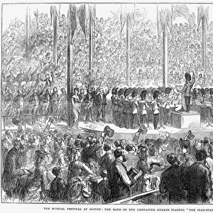 BOSTON: MUSIC FESTIVAL. The band of the Grenadier Guards performing The Star Spangled Banner at a music festival in Boston, Massachusetts. Wood engraving, 1872