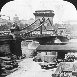 BUDAPEST: BRIDGE, 1908. Suspension bridge at the Royal Palace, Budapest, Hungary