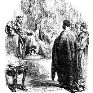 Caius Lucius addresses Cymbeline and the Queen at the palace in Act III, Scene I of William Shakespeares Cymbeline : wood engraving, 1881, after Sir John Gilbert