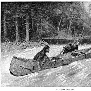 CANADA: FUR TRADE. In a stiff current. Wood engraving, 1891, after Frederic Remington