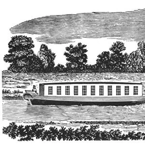 CANAL, 19th CENTURY. A barge being pulled by horses on a canal and a steamboat on the nearby river. American typefounders cut, 19th century