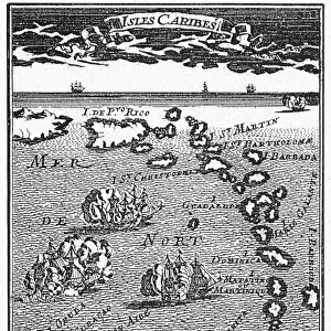 CARIBBEAN MAP, c1688. A map of the Caribbean islands. Woodcut, French, c1688