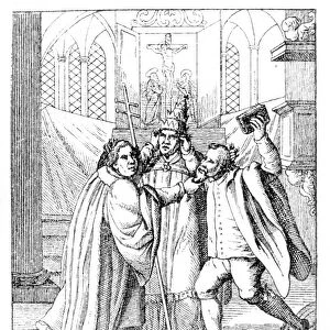 CARTOON: LUTHER AND CALVIN. Martin Luther tweaks John Calvins beard, with the Pope caught between them. Satirical 16th century engraving on the controversies between the two reformers