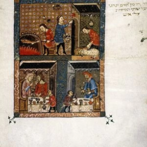 CELEBRATION OF PASSOVER. Illumination from the Rylands Haggadah, Spain, 14th century