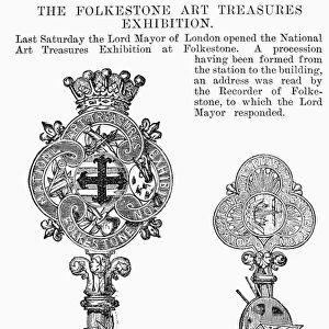 CEREMONIAL KEYS, 1886. Gold keys presented at the opening of the National Art Treasure Exhibition at Folkestone, England, 1886. Wood engraving from a contemporary English newspaper