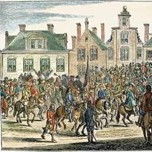 CHARLES IIs RETURN. The entry of King Charles II of England into London on 29 May 1660. Colored engraving after a contemporary Dutch engraving