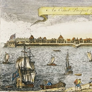 CHARLESTON, S. C. 1762. View of Charleston, South Carolina: English colored engraving, 1762