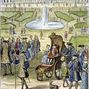 CHILD KING LOUIS XV OF FRANCE (1710-1774) going for a ride in the garden of the Tuilleries in Paris: wood engraving, French, 19th century