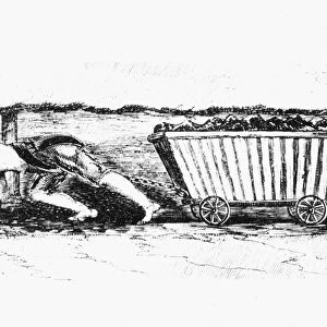 CHILD LABOR, 1842. Hurrying Coal. A Girl drawing a loaded wagon of coal weighing between two hundred and five hundred pounds underground in the Halifax district (West Riding, Yorkshire) of England. Wood engraving, English, 1842