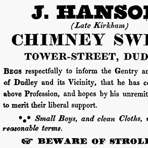 CHILD LABOR HANDBILL. English handbill, early 19th century, introducing a new chimney sweep