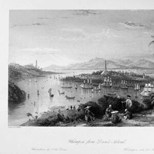 CHINA: WHAMPOA ISLAND, 1843. A view of Whampoa (or Changzhou) Island as seen from Danes Island, at the mouth of the Pearl River near Canton, China. Steel engraving, English, 1843, after a drawing by Thomas Allom