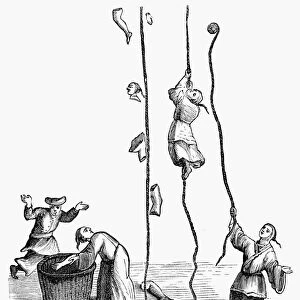 CHINESE CONJURERS. Chinese conjurers as described by 14th century Arabian traveler, Ibn Battuta. One man climbs a rope into the sky. At left are disconnected body parts that were put back together and came to life. Line engraving, 19th century