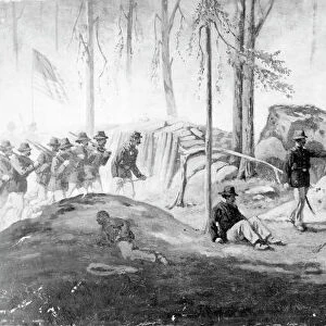 CIVIL WAR: GETTYSBURG. The Battle of Gettysburg, 1-3 July 1863. Union forces behind the breastworks on Culps Hill, repulsing the attack of Johnsons Division. Oil on canvas by Edwin Forbes