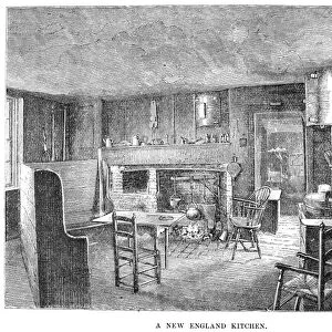 COLONIAL KITCHEN. An 18th century New England kitchen. Wood engraving, 1882