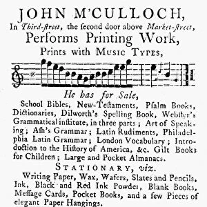 COLONIAL PRINTER, 1787. Advertisement for John McCulloch, printer in Philadelphia