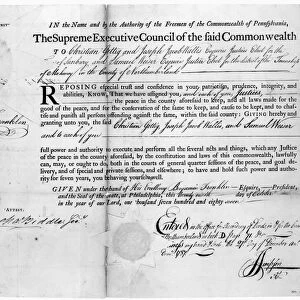 Commission assigning justices of the peace, signed by Benjamin Franklin while President of Pennsylvanias Supreme Executive Council, 1787
