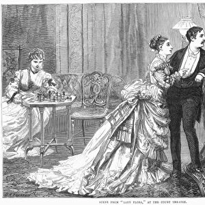 COMPETITION FOR A MAN. Scene from a production of the play Lady Flora at the Court Theatre in London. Wood engraving from an English newspaper, 1875