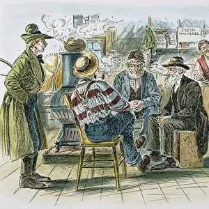 COUNTRY STORE, 1894. Townsfolk gathered around the woodstove of a country store: American engraved cartoon, 1894