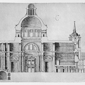 Cross section of the basilica along its major axis of El Escorial palace monastery in Spain. Drawing by architect Juan de Herrera, c1570