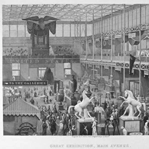 CRYSTAL PALACE, 1851. Looking east along the Main Avenue within the Crystal Palace for the Grand International Exhibition of 1851 in Hyde Park, London. Contemporary English engraving