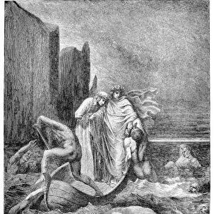 DANTE: INFERNO. My teacher sage; Aware, thrusting him back: Away! down there; To the other dogs. Wood engraving, 1861, after Gustave Dore