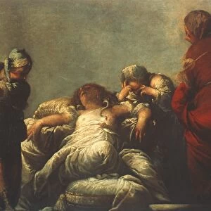 DEATH OF CLEOPATRA. Oil on canvas by Sebastiano Mazzoni, 17th century