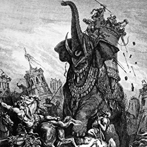 DEATH OF ELEAZAR. Maccabean attack on Assyrian caparisoned war elephant at Battle of Beth Zur (I Maccabees 6: 43, 46). Wood engraving after Gustave Dor