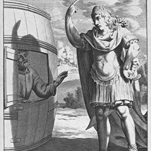DIOGENES & ALEXANDER. The Greek philosopher Diogenes, in his tub at Corinth, asking Alexander the Great, King of Macedonia, to oblige him by getting out of his light, c335 B. C. Copper engraving, 18th century